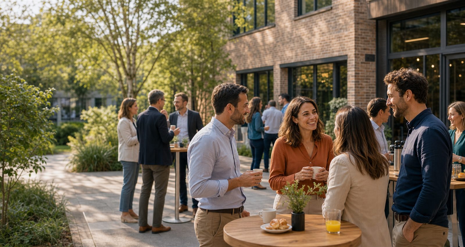 Collaborateurs reunis dans une cour d entreprise pour un moment convivial