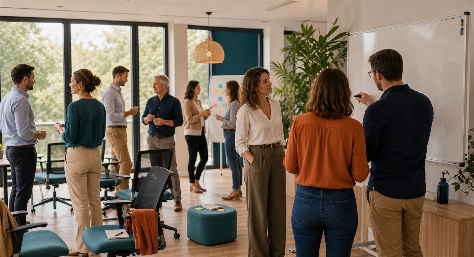 Collaborateurs qui echangent dans une salle de formation lumineuse